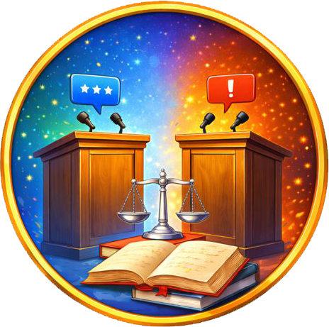 Two wooden podiums with microphones and speech bubbles facing a silver scale of justice over open books.