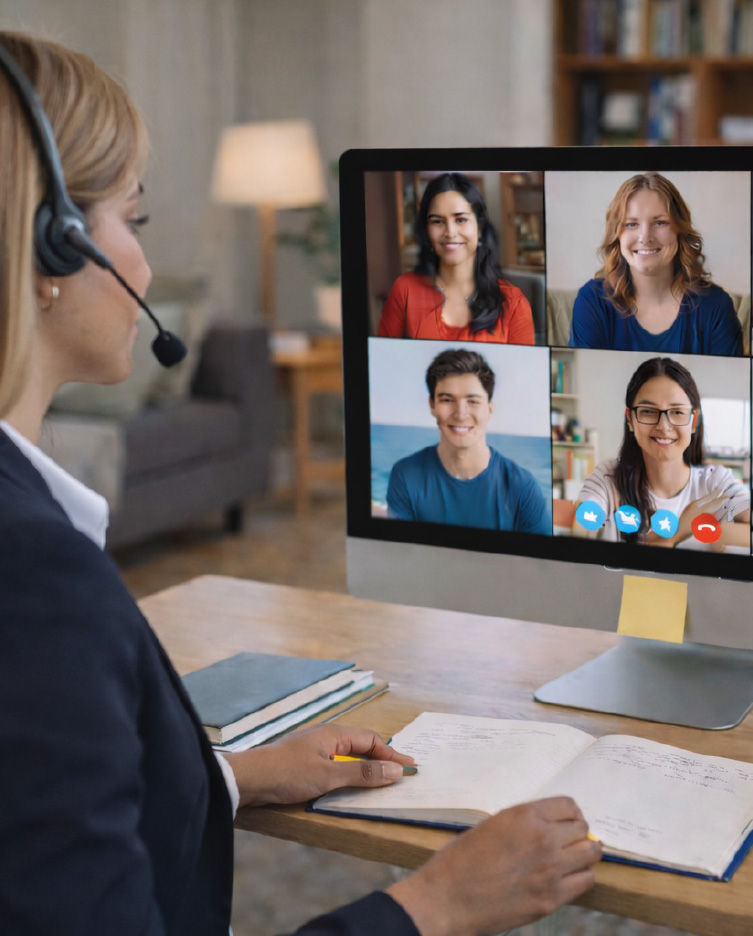 Teacher assisting a students in online class
