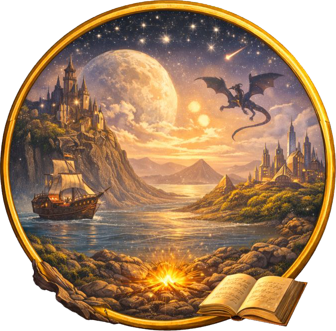 A mystical landscape featuring a castle on a cliff, a dragon in flight, and a sailing ship, emerging from an open book to represent the journey of storytelling.