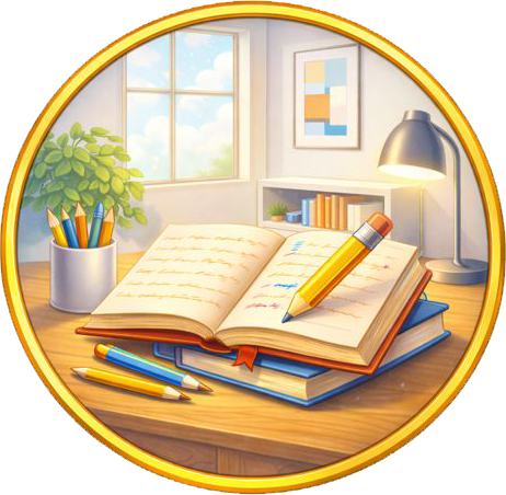 A brightly lit desk with an open notebook, various colorful pencils, and a lamp, symbolizing creative writing and academic development for students.